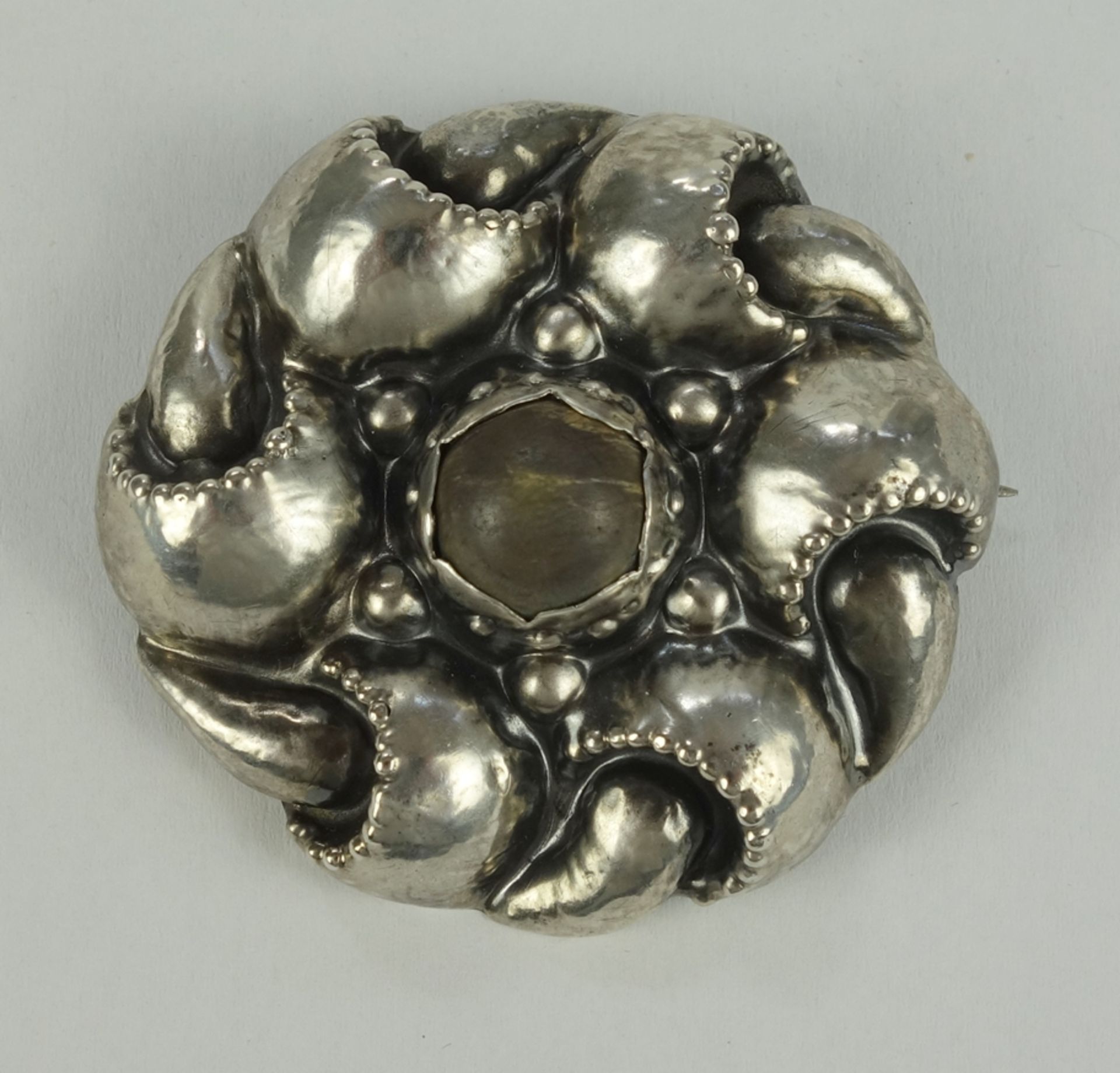 round brooch with hammered finish, 900 silver, handmade, around 1920