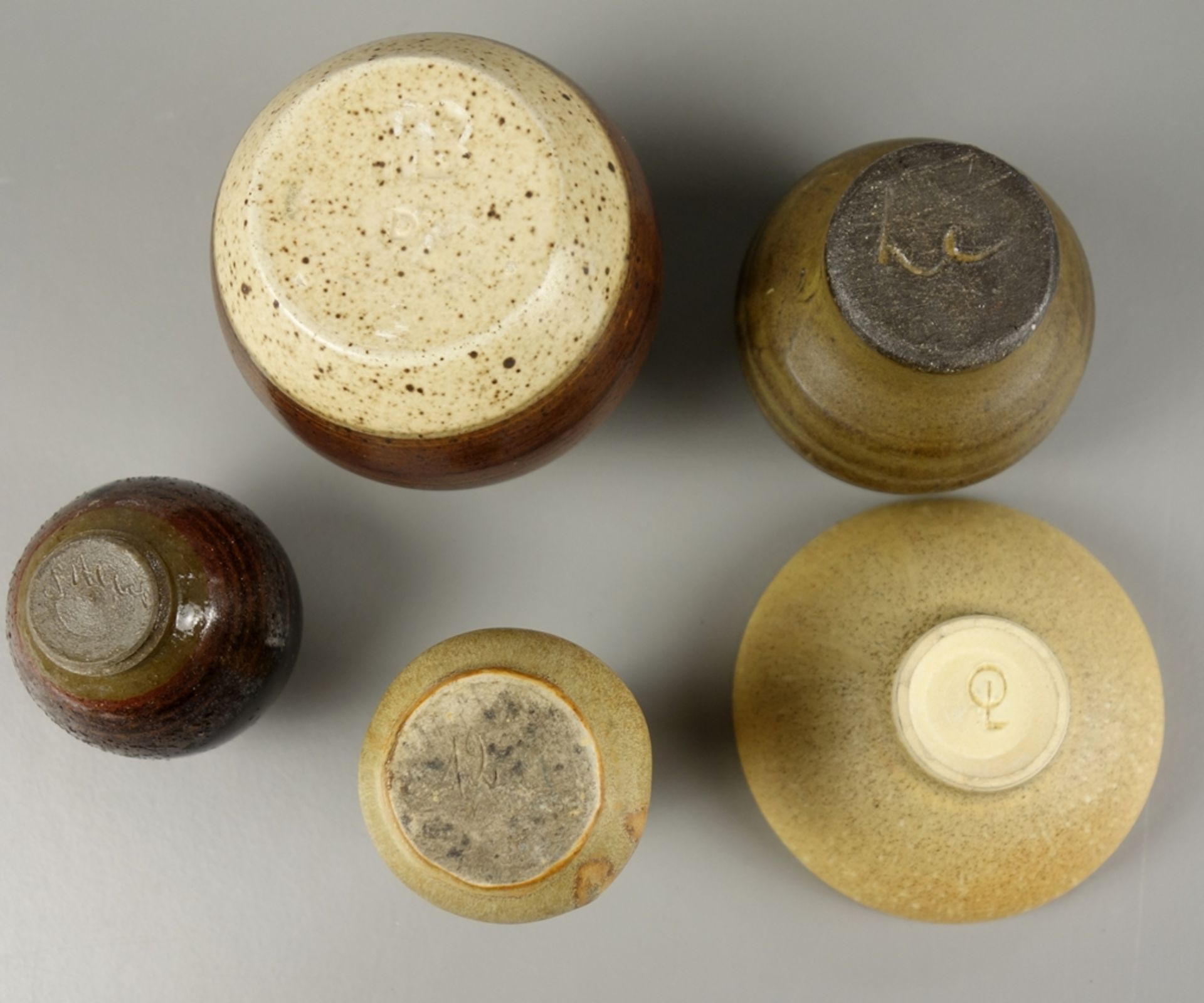 4 small ceramic vases and 1 small bowl, brown glazes, mostly handmade, 1950s - Image 2 of 2