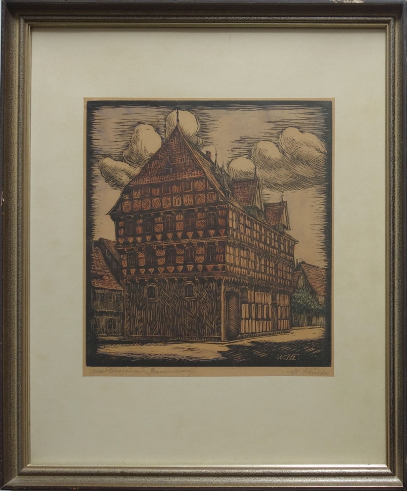 illegibly signed "Alte Waage zu Braunschweig", 1st half of the 20th century, coloured woodcut - Image 2 of 3