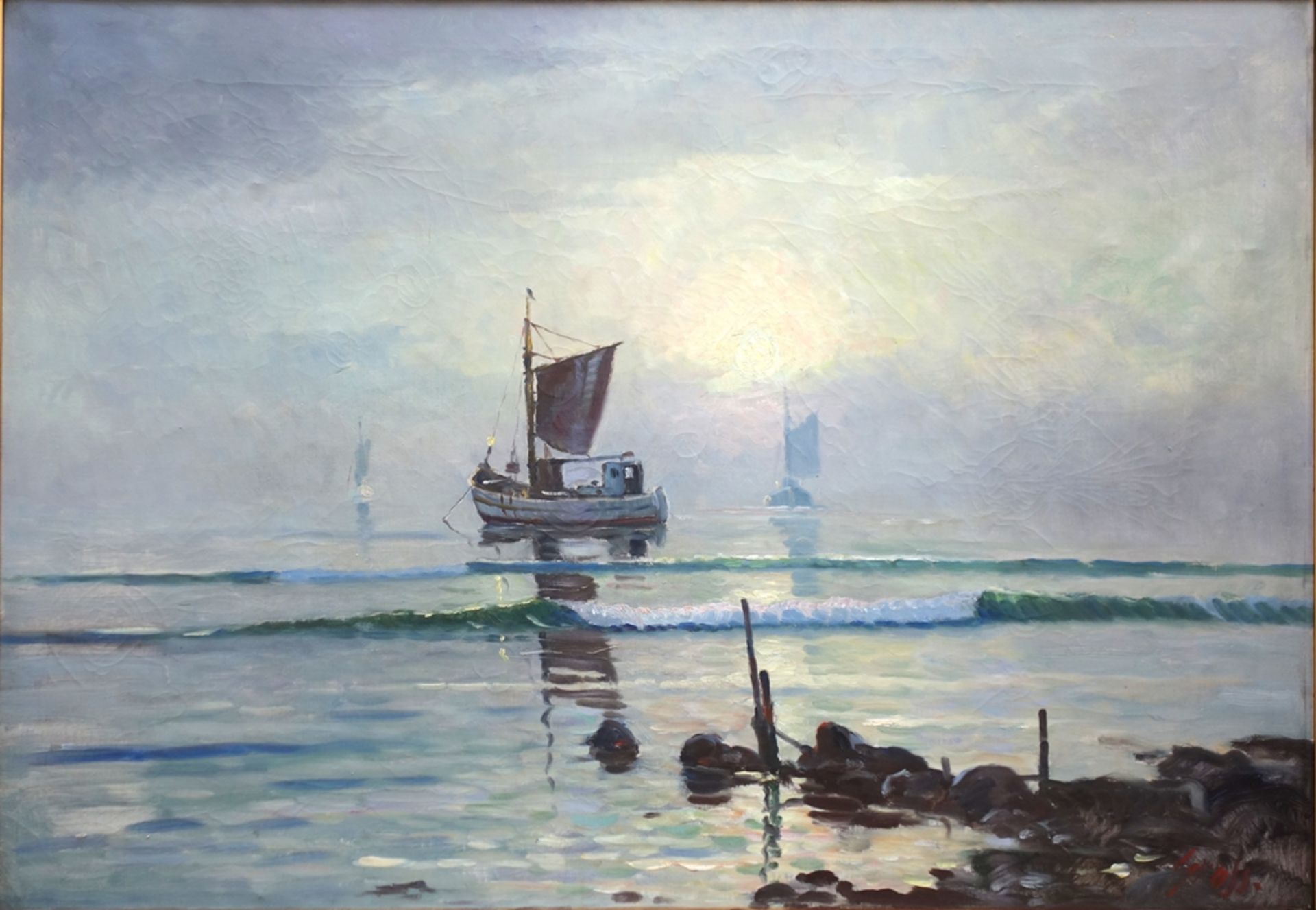 Einar Gross (1895-1962, DK), "Fischerboote im Morgengrauen", Öl/Leinwand