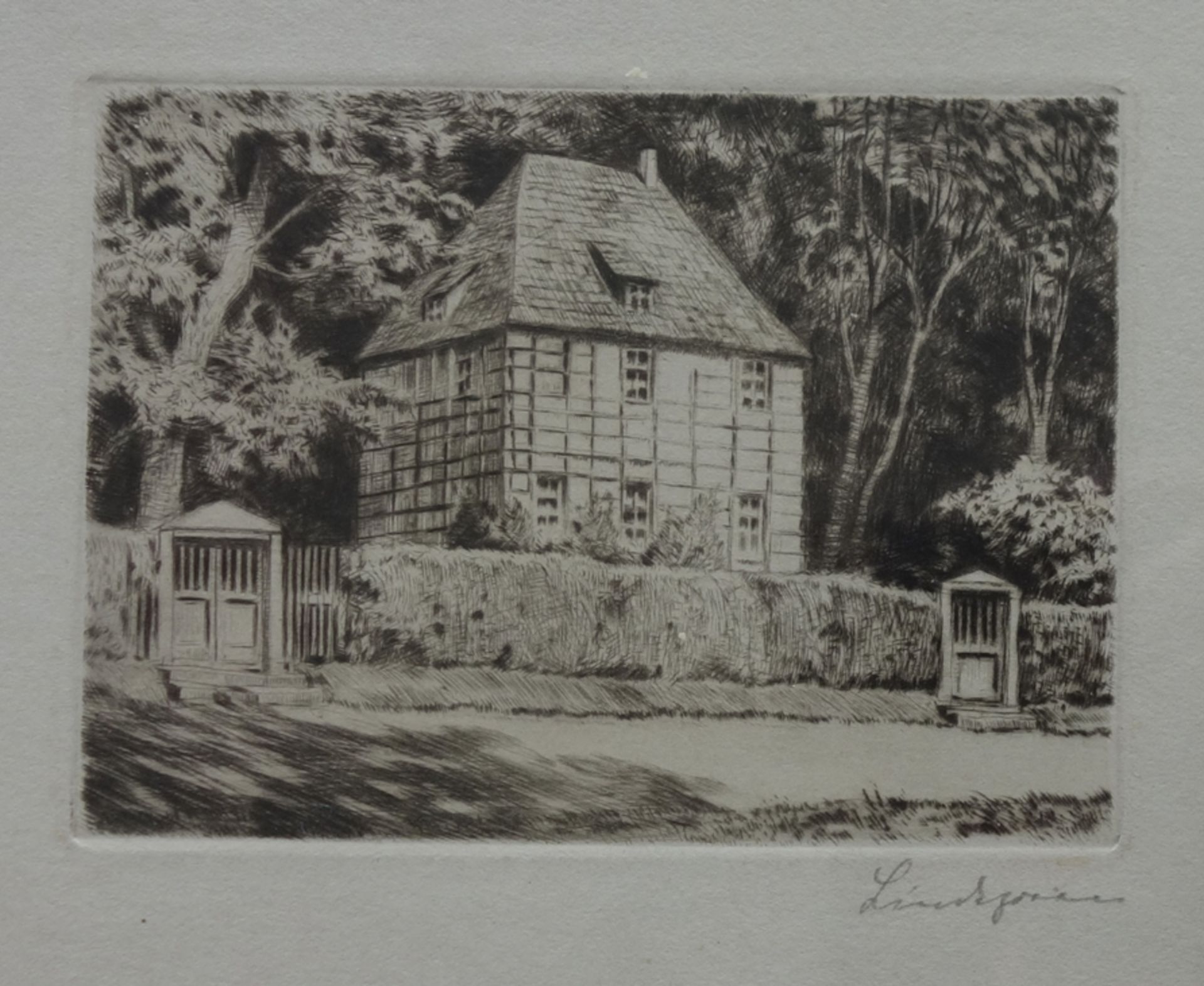 signed "Lindgren", "Goethe's Garden House", around 1910, etching