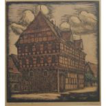 undeutlich signiert "Alte Waage zu Braunschweig", 1. Hälfte 20. Jh., kolorierter Holzschnitt