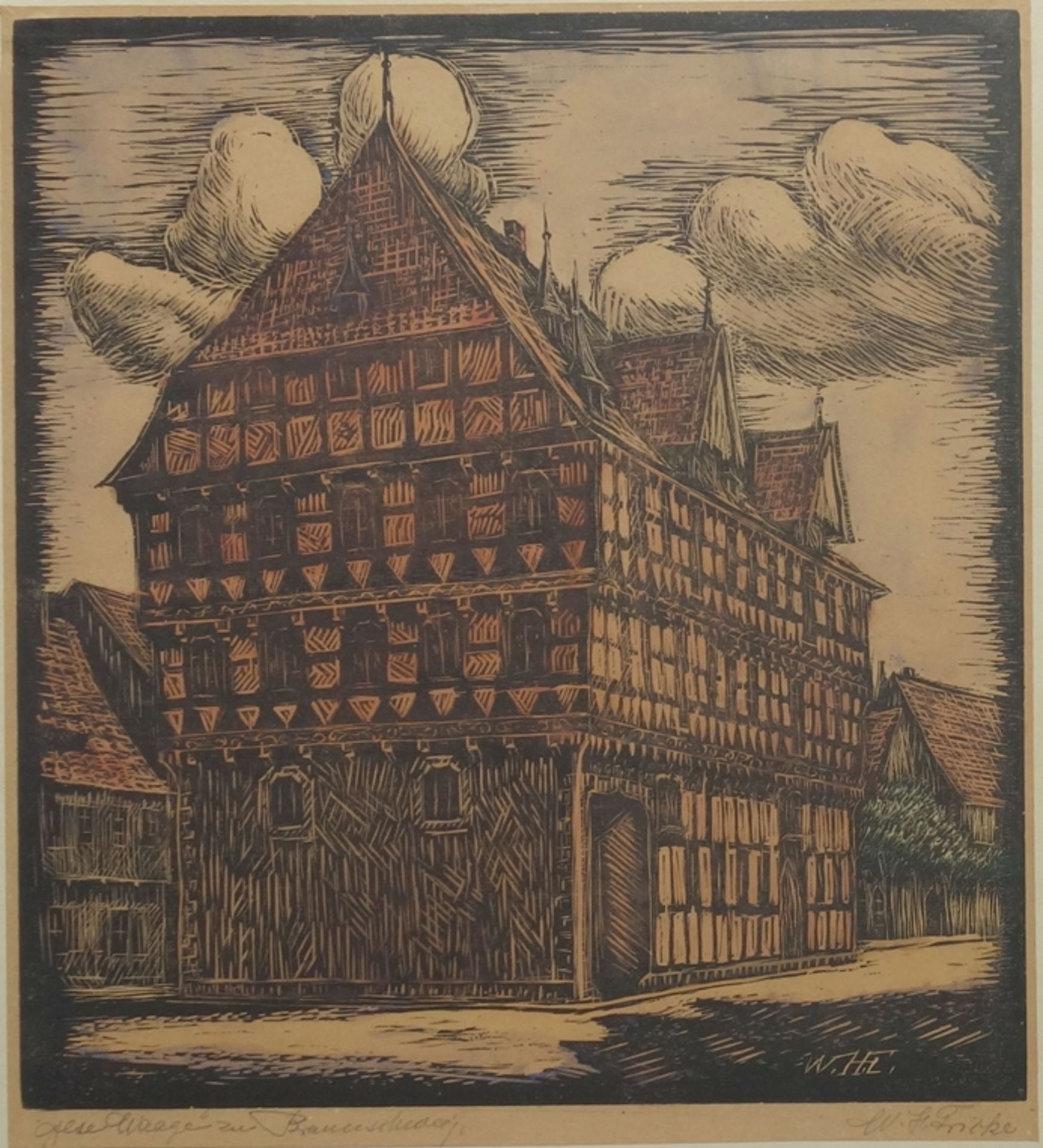 illegibly signed "Alte Waage zu Braunschweig", 1st half of the 20th century, coloured woodcut