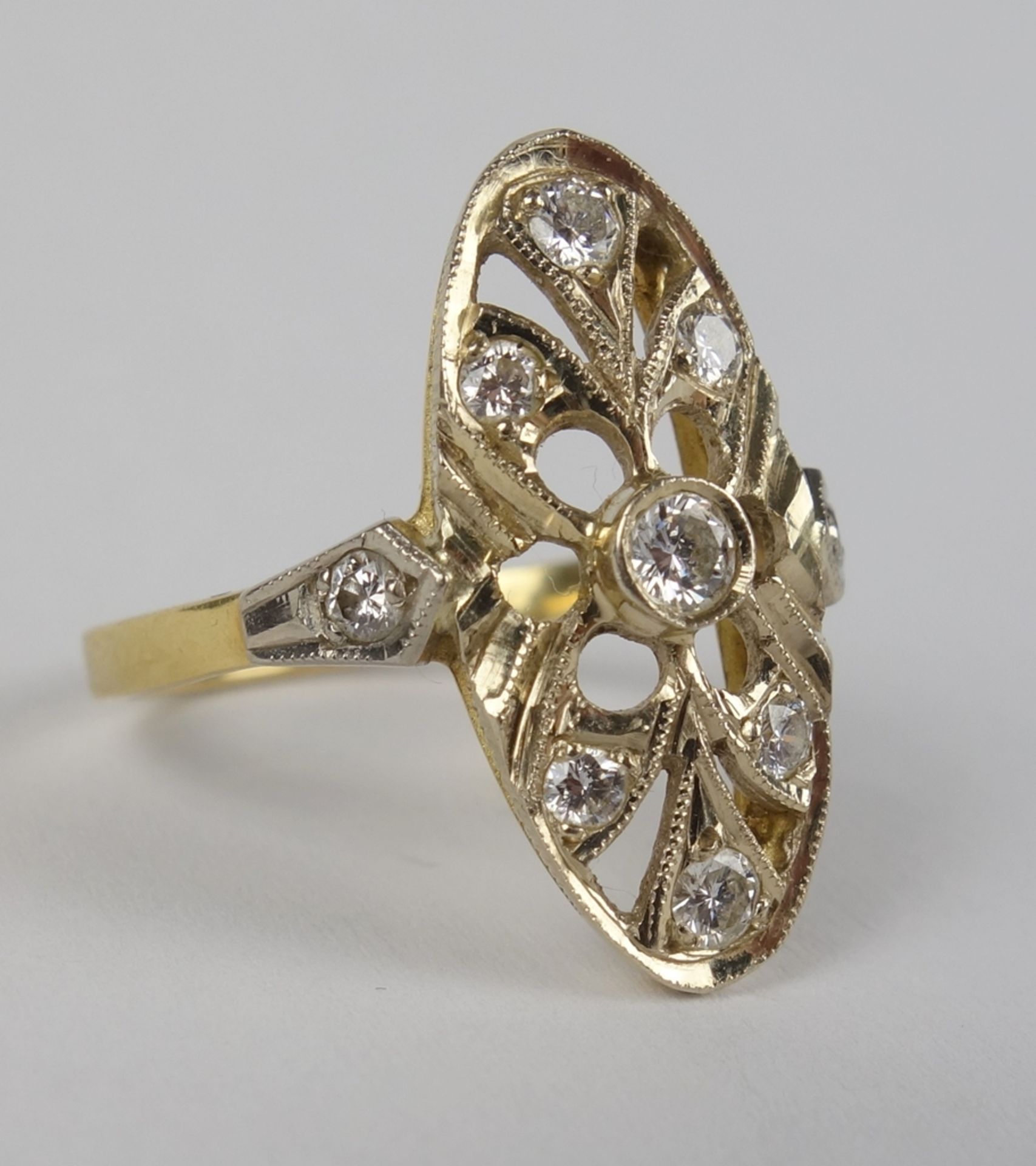 Ring mit 9 Diamant-Brillanten, 750er Gelbgold, im Art-Déco-Stil, UdSSR, Gew.4,37g - Bild 2 aus 3