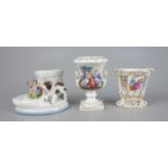 2 kleine Vasen und figürlicher Streichholzhalter, mit Handmalerei, um 1890/1900