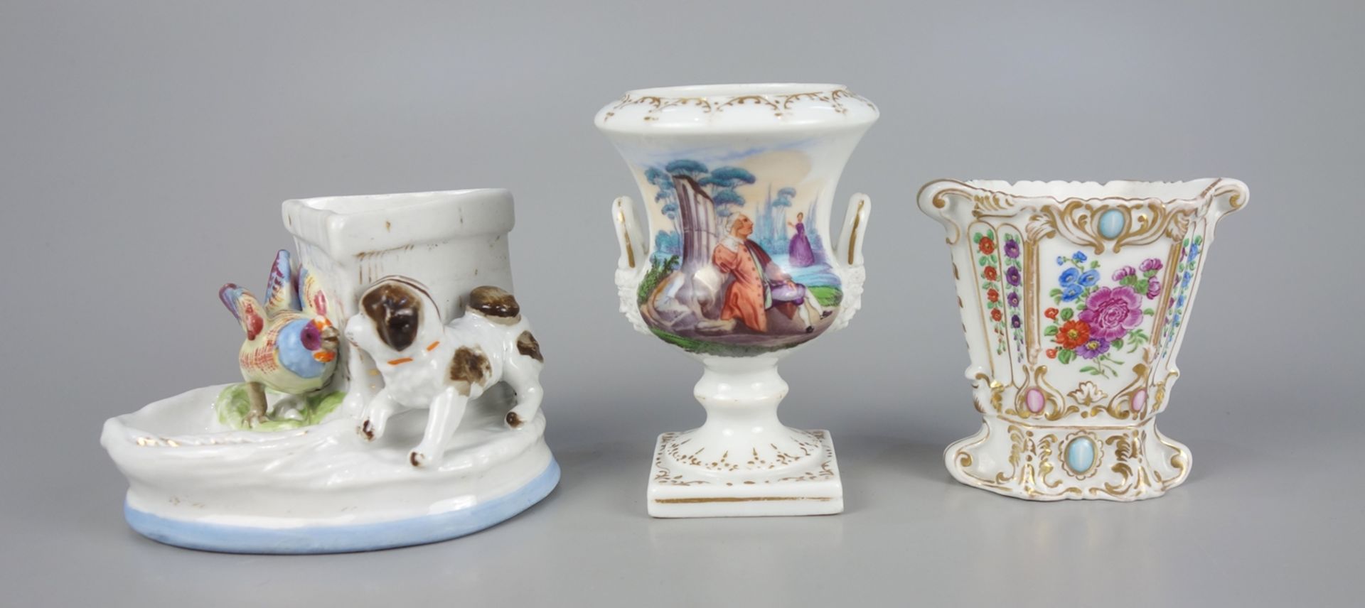 2 small vases and figural match holder, with hand painting, c.1890/1900