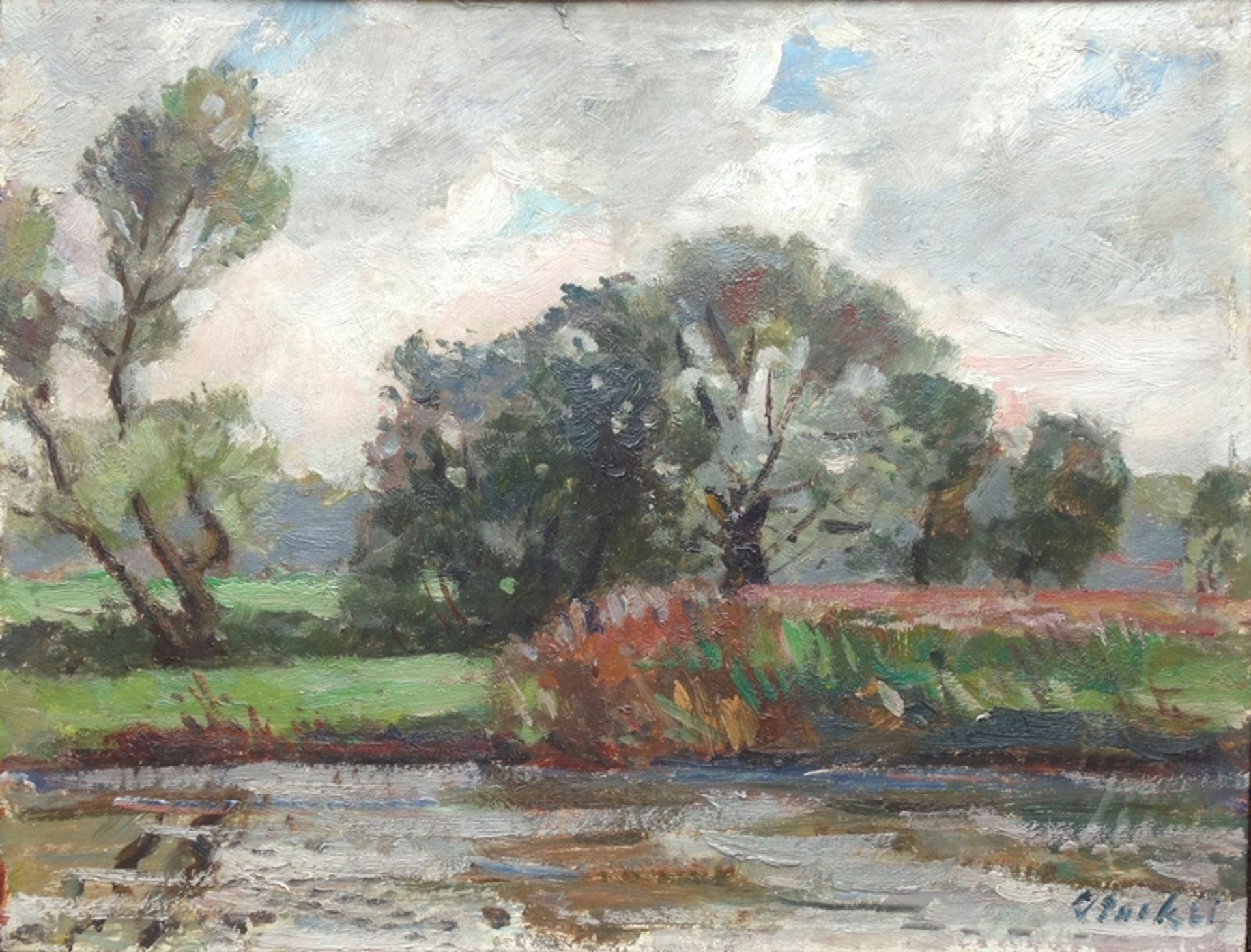 illegibly signed, "Landscape with river course", 1st half 20th century, oil/wood - Image 2 of 2