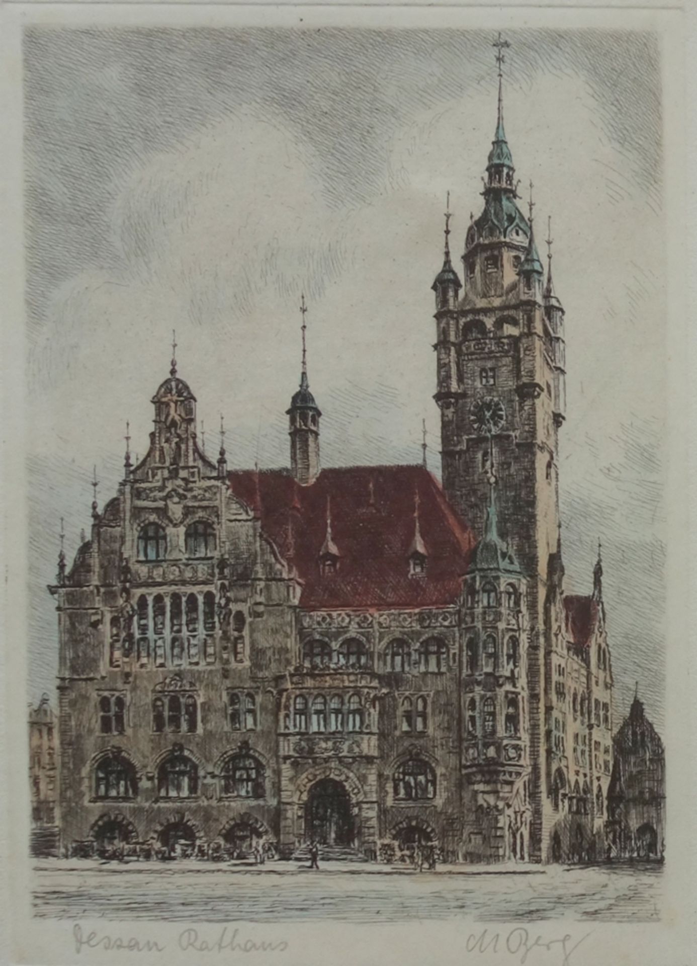 Max Berg (1870 - ?), "Dessau Town Hall", coloured etching