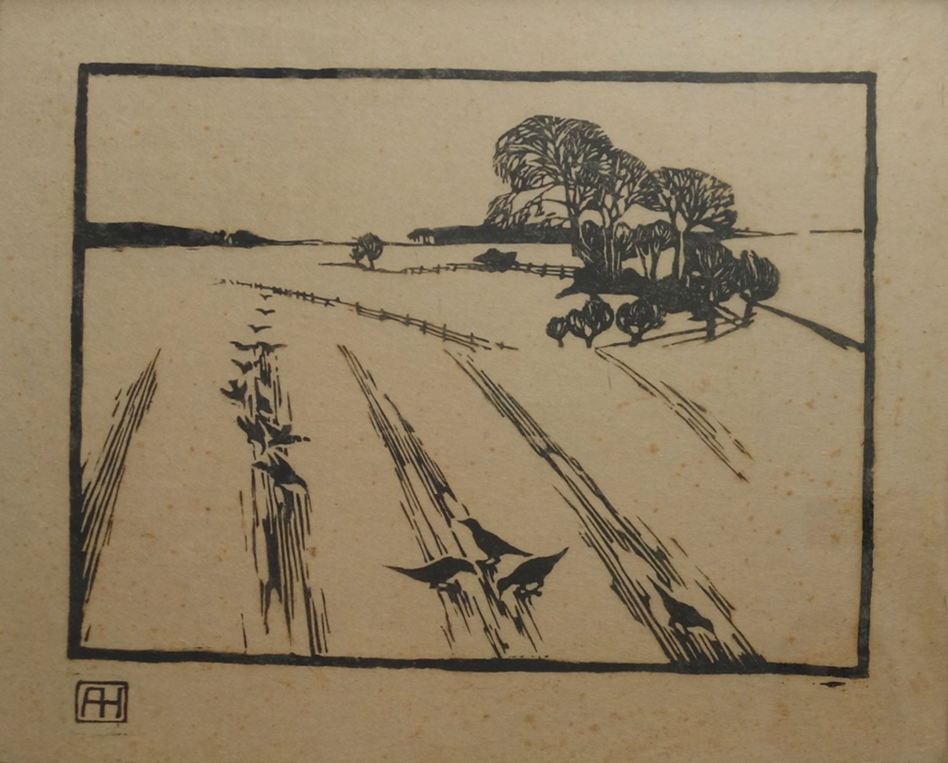 August Heitmüller (1873, Gümmer - 1935, b. Meran/IT), "Krähen auf dem Feld", frühes 20. Jh., Linols - Bild 2 aus 3