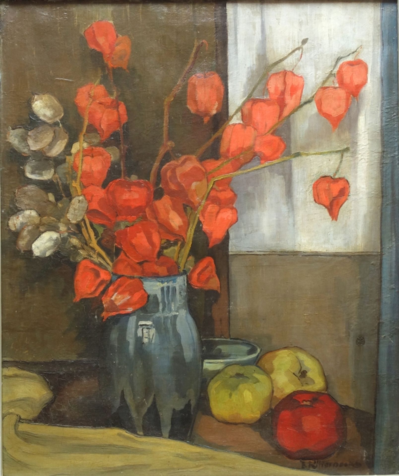 E. Ritterbecks, "Still Life with Silver Leaf, Lampionon Flowers and Quinces", 1920s, oil/canvas - Image 2 of 4
