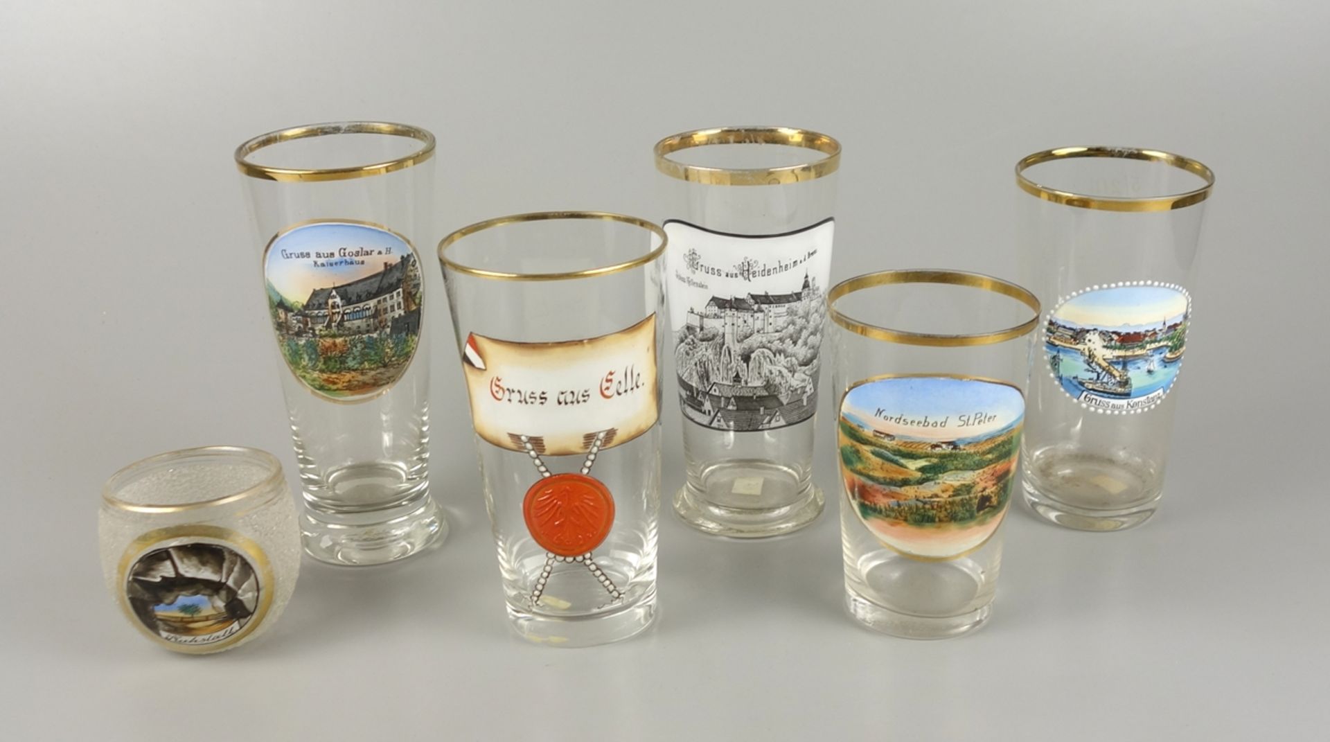 6 souvenir glasses, 1910s