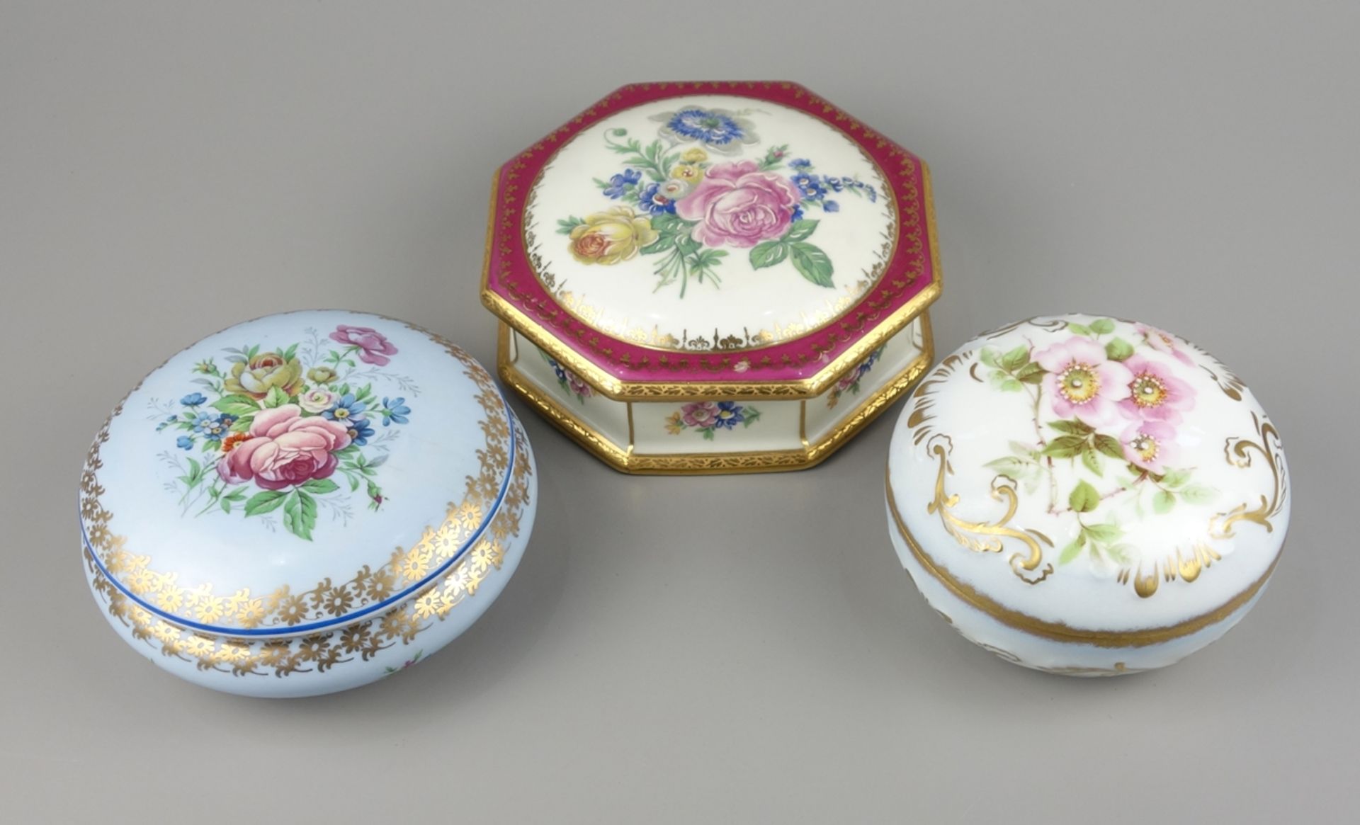 3 boxes with floral decoration, Limoges, France, 1st half 20th cent.