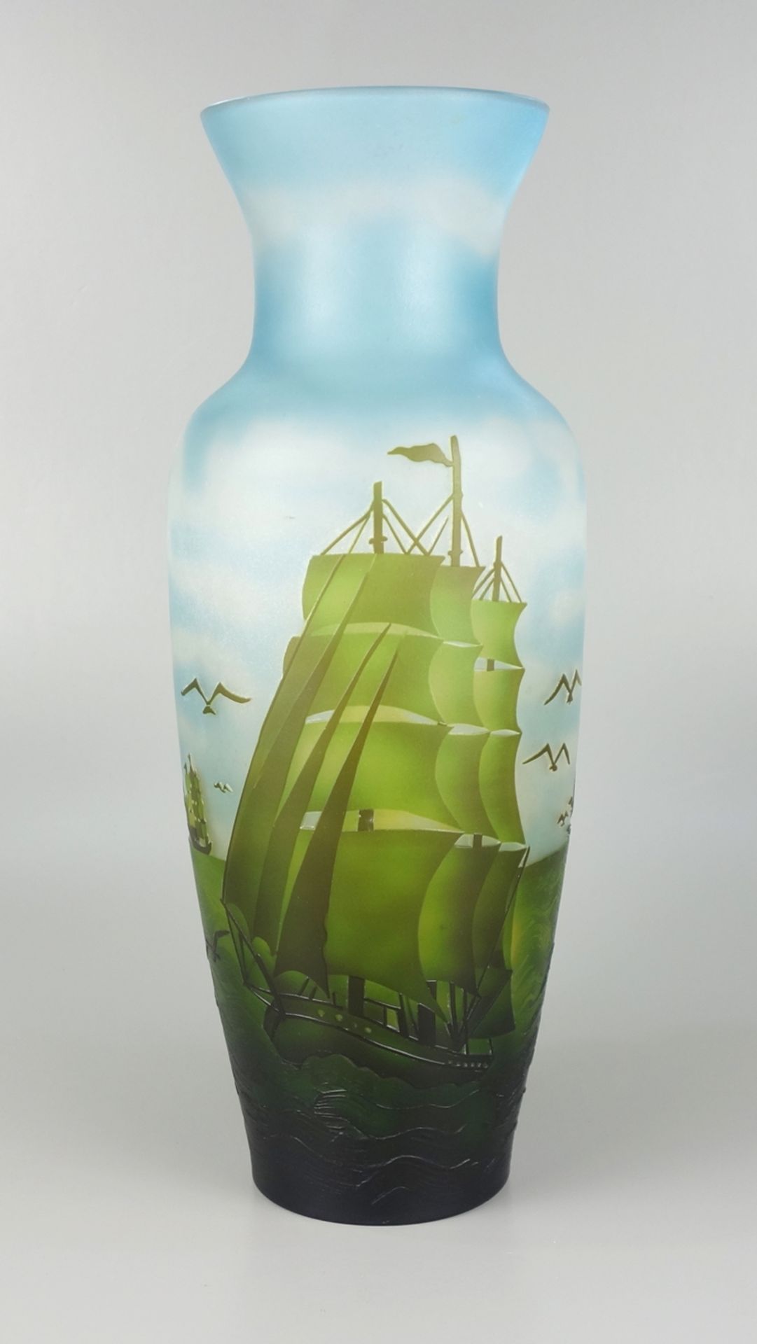 large vase, cameo glass with maritime scene, 20th c.
