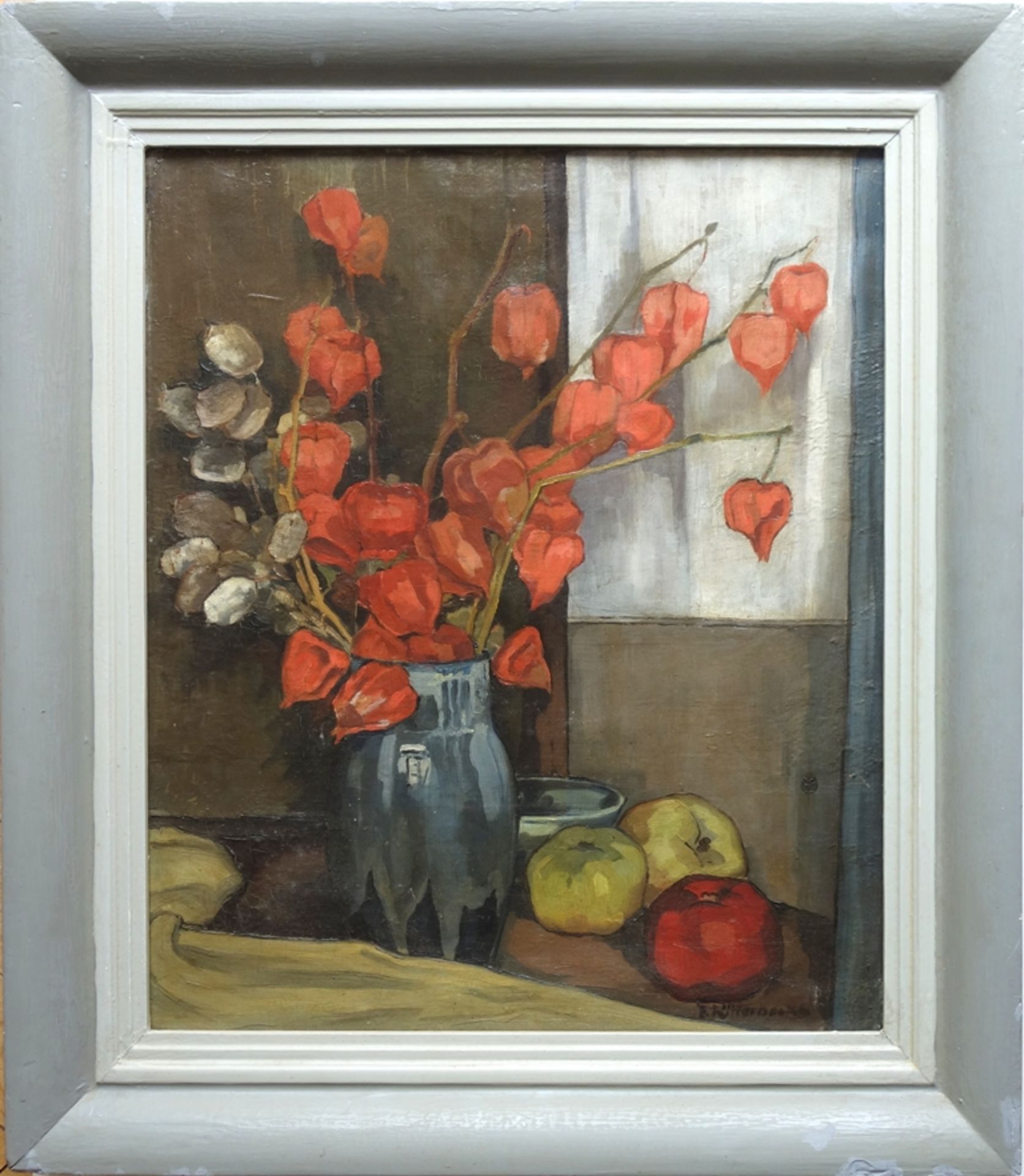 E. Ritterbecks, "Still Life with Silver Leaf, Lampionon Flowers and Quinces", 1920s, oil/canvas