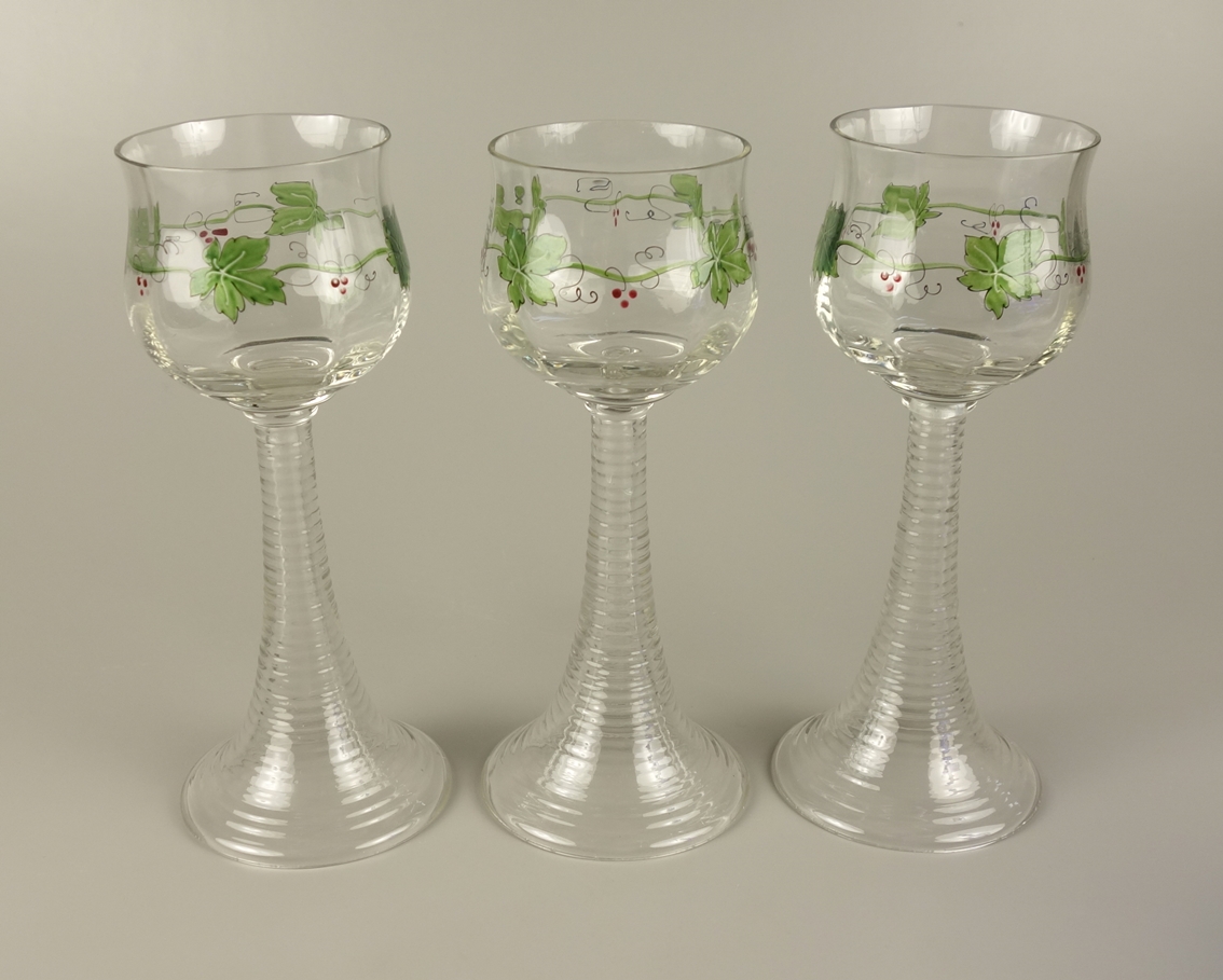 3 Wine glasses with hollow stem, Bavarian, c.1890, h.19,5cm