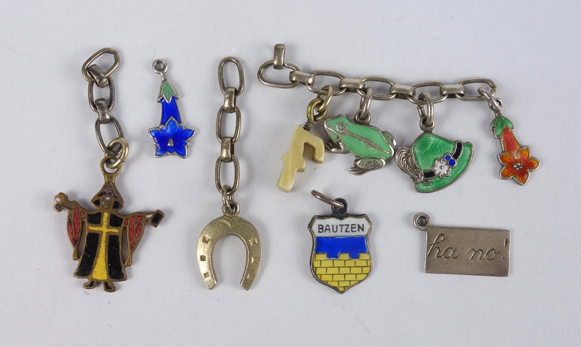 9 charm bracelet pendants, mainly silver with enamel 