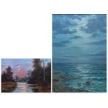 2 Gemälde, "Meeresbrandung" und "Sonnenuntergang", Öl/Platte