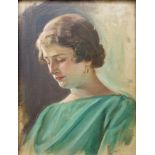 anonymer Künstler, "Porträt einer herabblickenden Frau", um 1920, Öl/Hartfaser