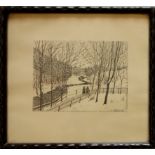 undeutlich signiert, "Winterspaziergang am Bach", 1927, Lithografie