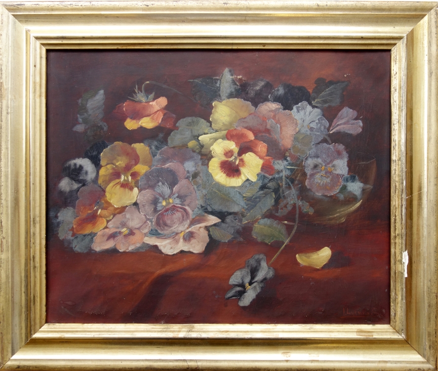 signed "Ludwich", "Pansies", c. 1920, oil/canvas