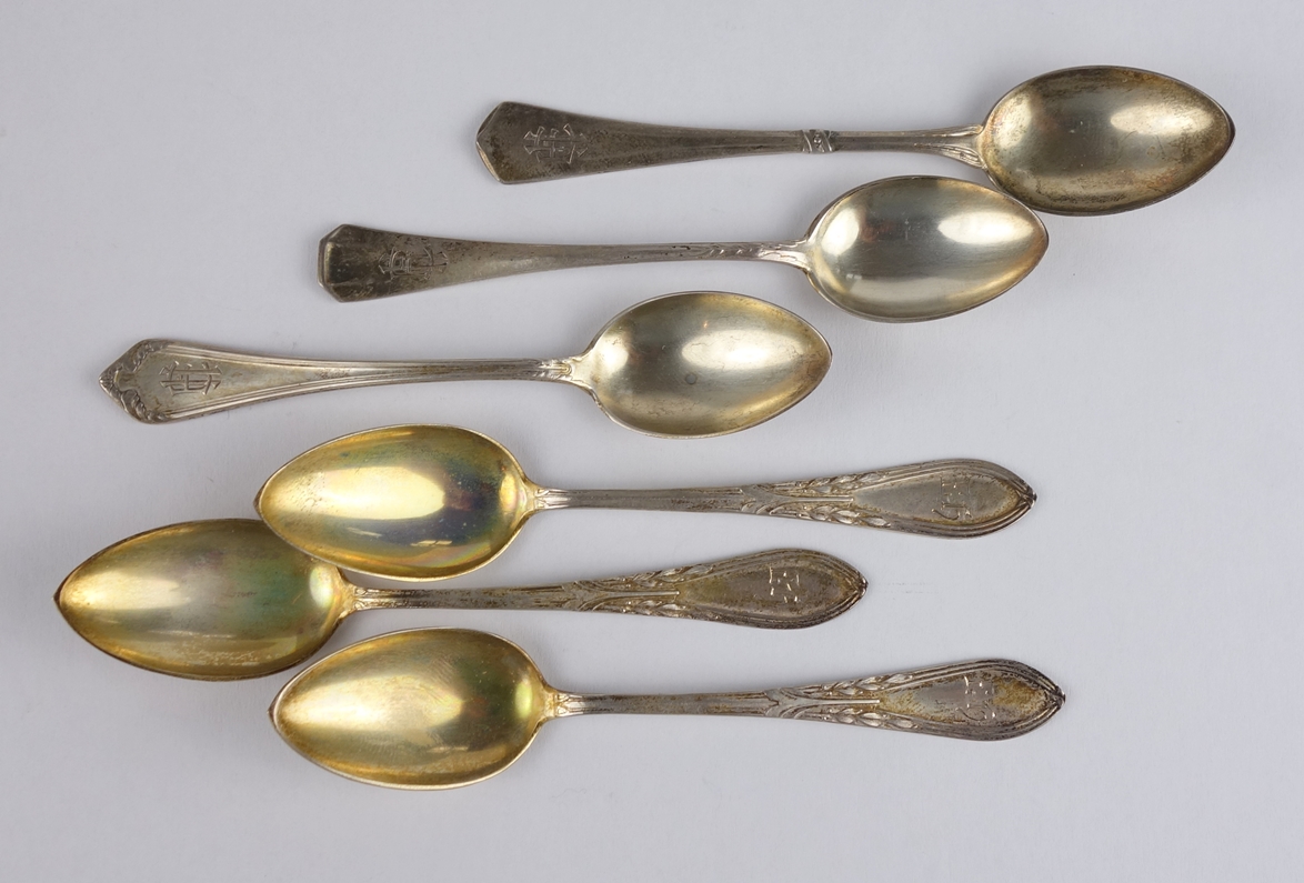 6 assorted mocha spoons, 800 silver, c. 1900