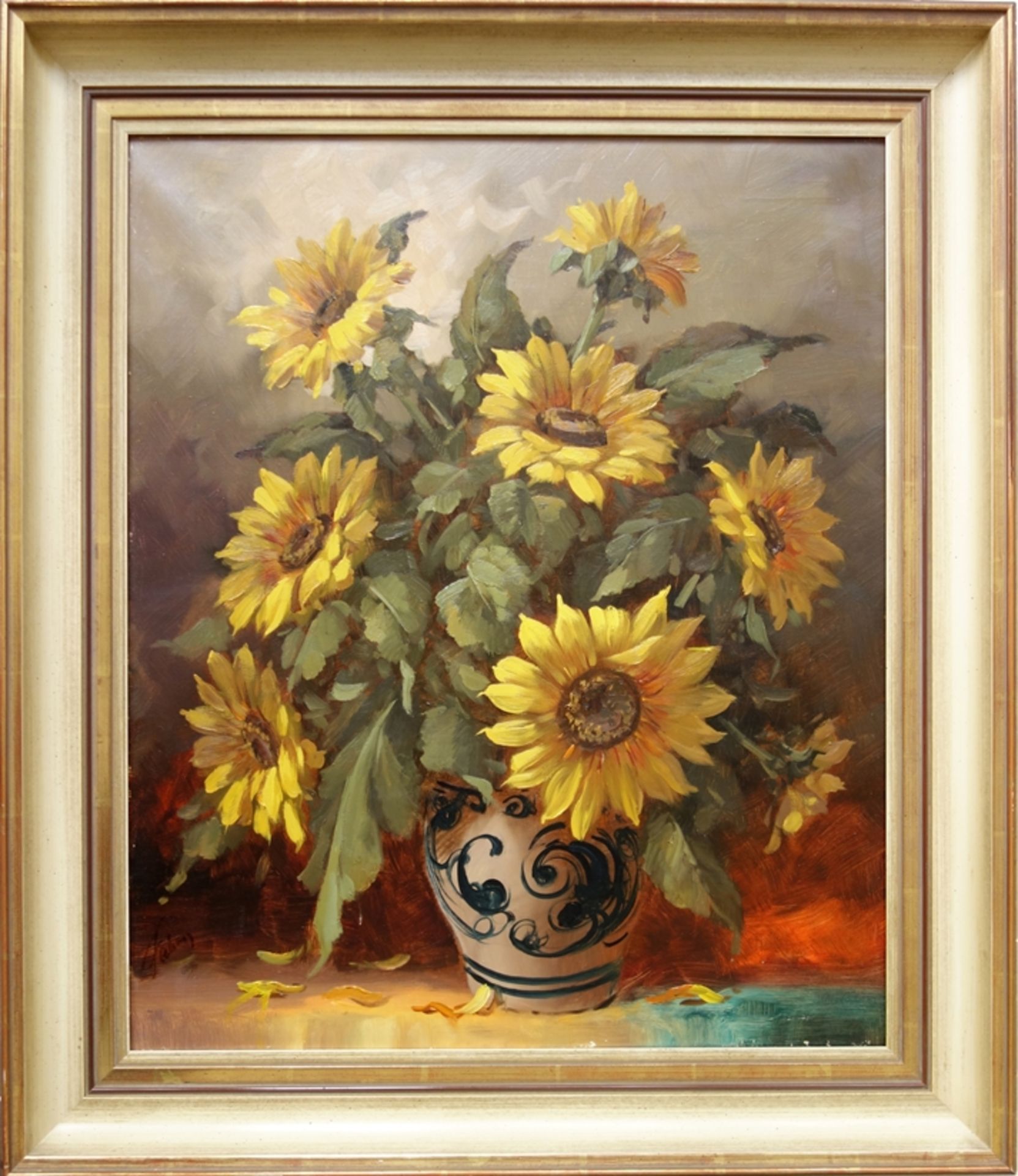 indistinctly signed, "Sunflowers in Westerwald Jug", c. 1960, oil/canvas