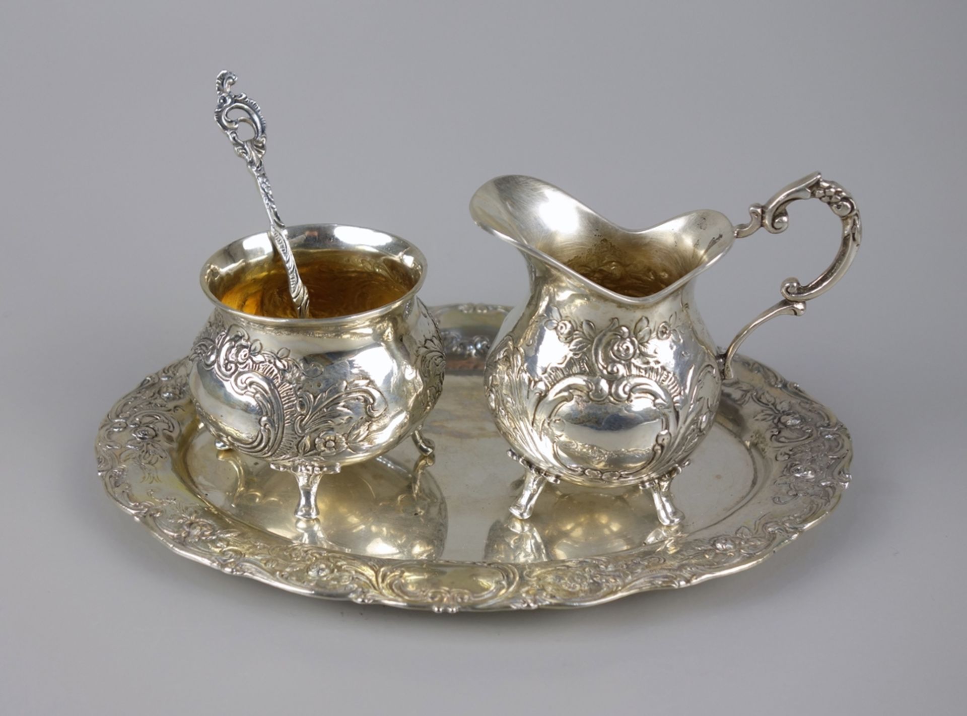 Cream pourer and sugar bowl with tray, floral rolled decoration, Christoph Widmann, 835 silver