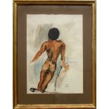 undeutlich signiert, "Männlicher Rückenakt", 2.Hälfte 20. Jh., aquarellierte Zeichnung/Papier
