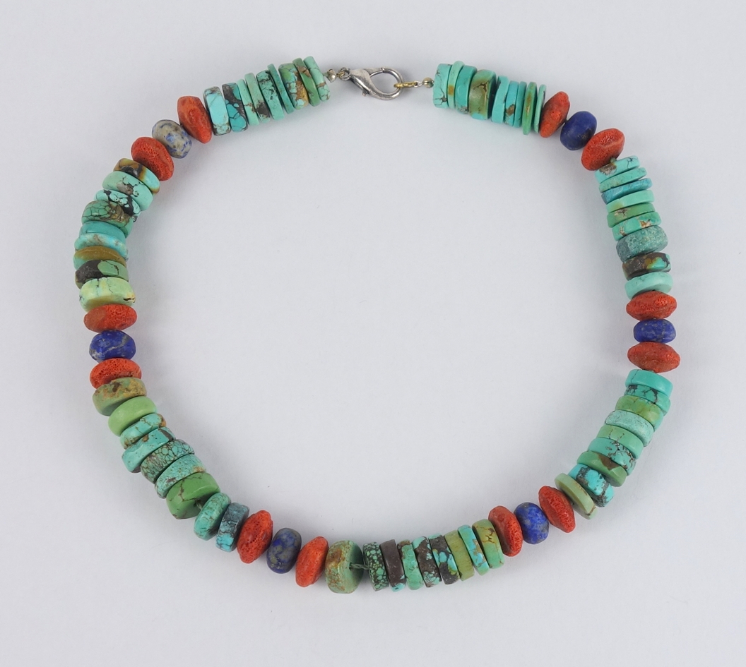 Necklace with turquoises, coral and lapis lazuli, wt.105g