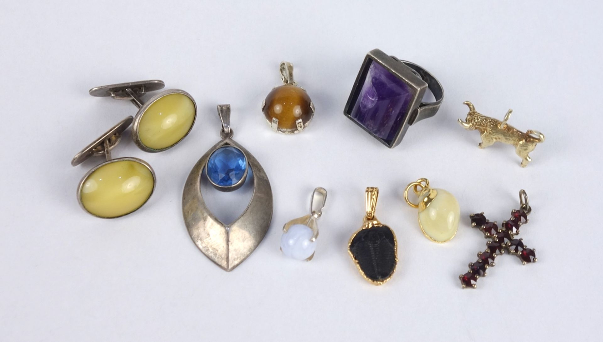 7 pendants, ring and pair of cufflinks, costume jewellery and silver