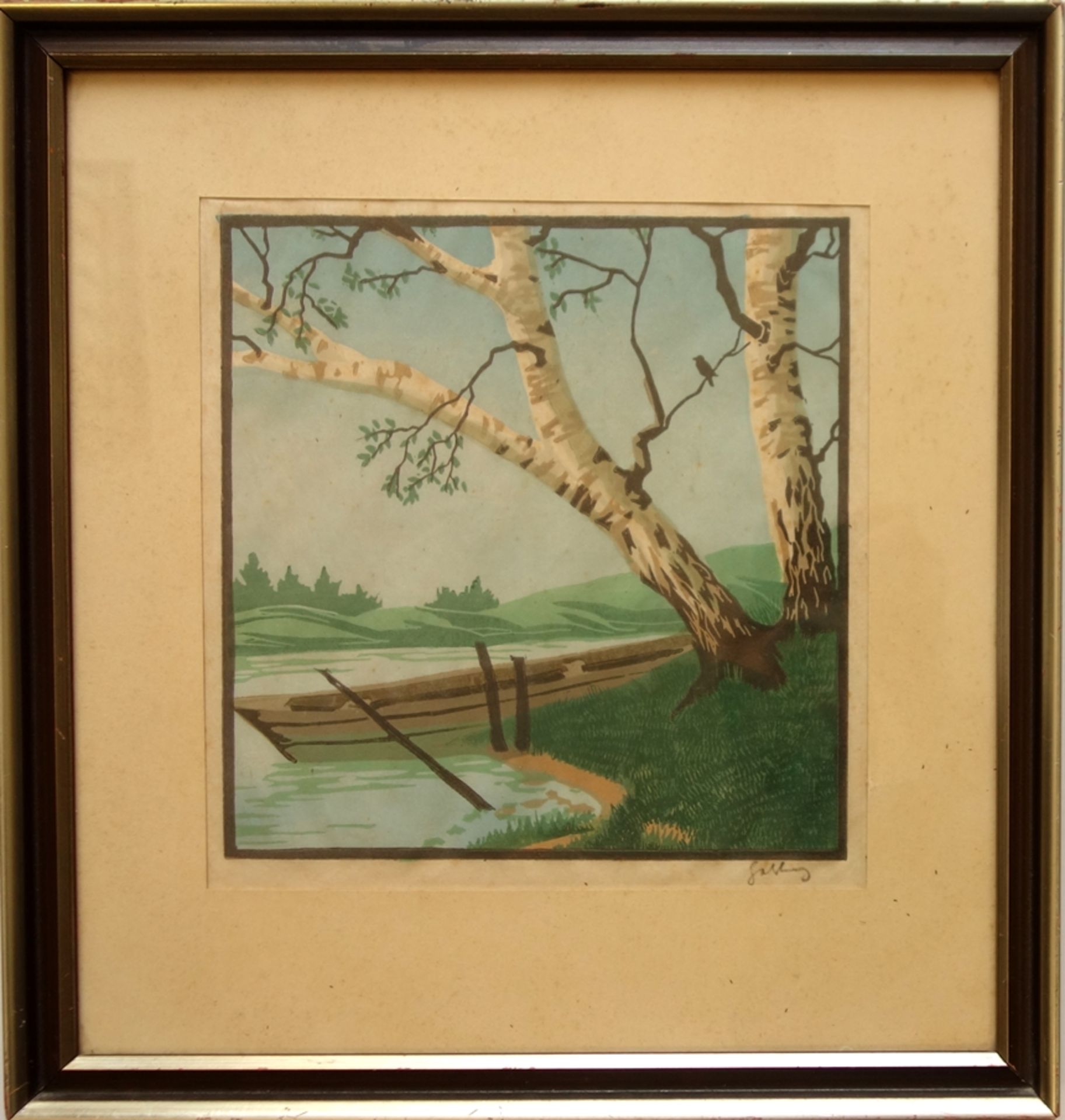 illegibly signed, "Birches on the jetty", 1930s, colour linocut