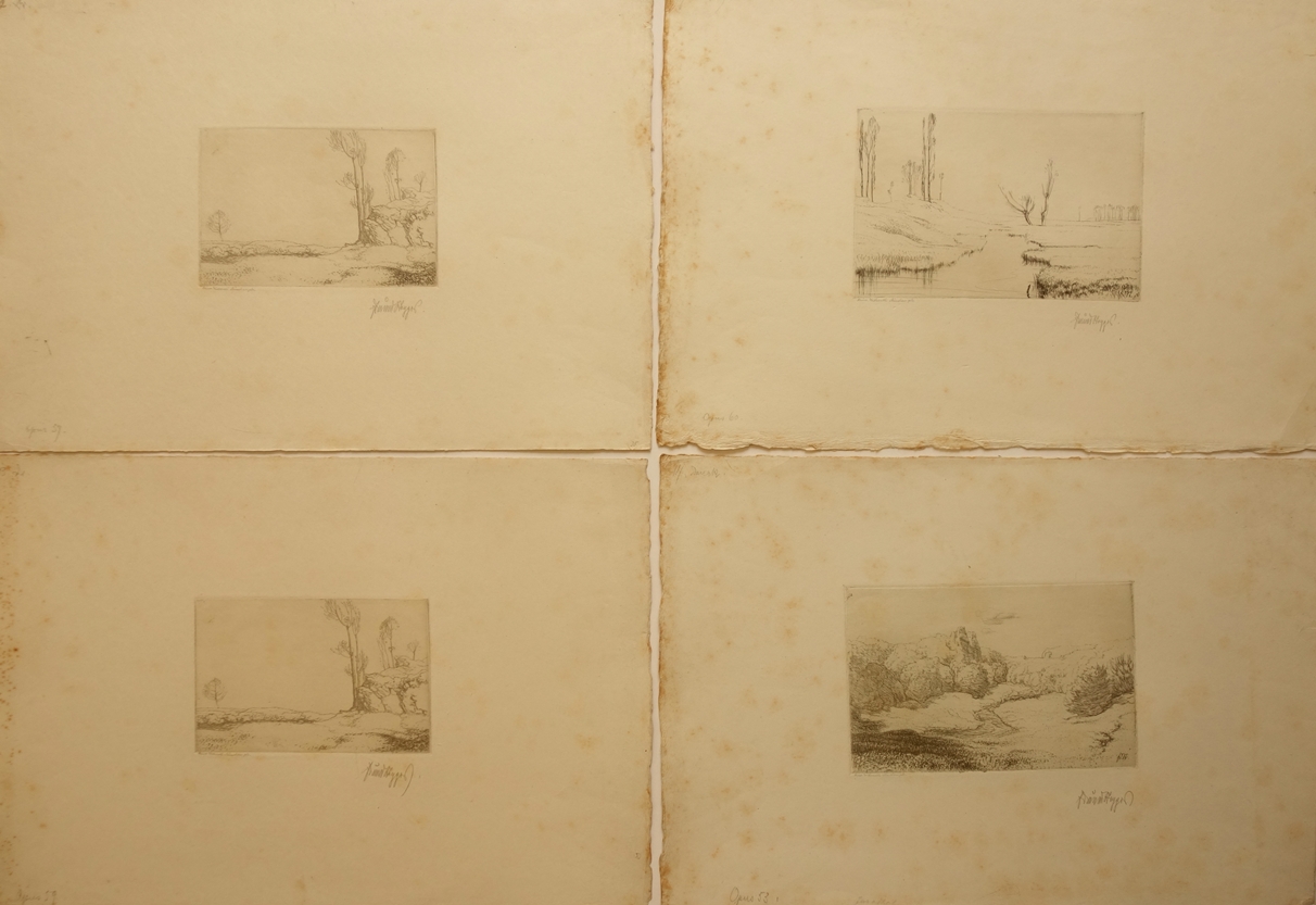 illegibly signed, "5 Landscapes", early 20th century, etchings