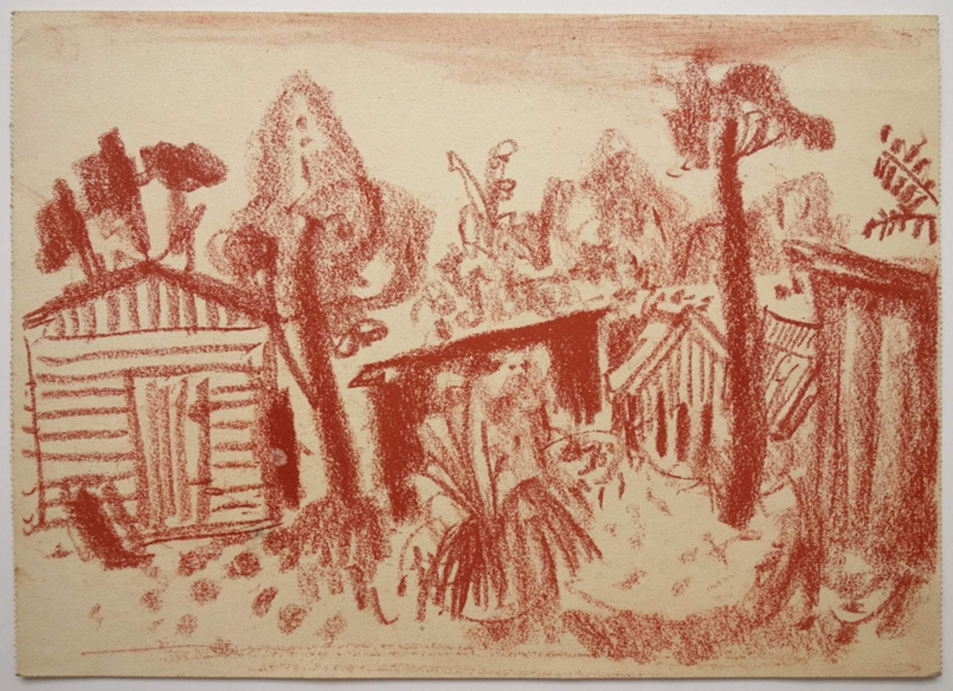 Paul Kuhfuss (1883, Berlin - 1960, ibid.), "Bungalows in an overgrown landscape", approx. 1955, red