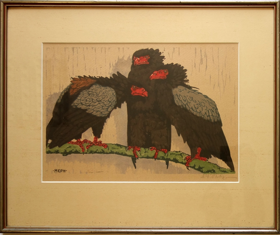 Martin Erich Philipp (1887, Zwickau - 1978, Dresden), "Three bateleurs", 1914, colour woodcut - Image 2 of 3