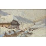 anonymer Künstler, "Berghütte in winterlicher Landschaft", 1. Hälfte 20. Jh., Öl/Hartfaser