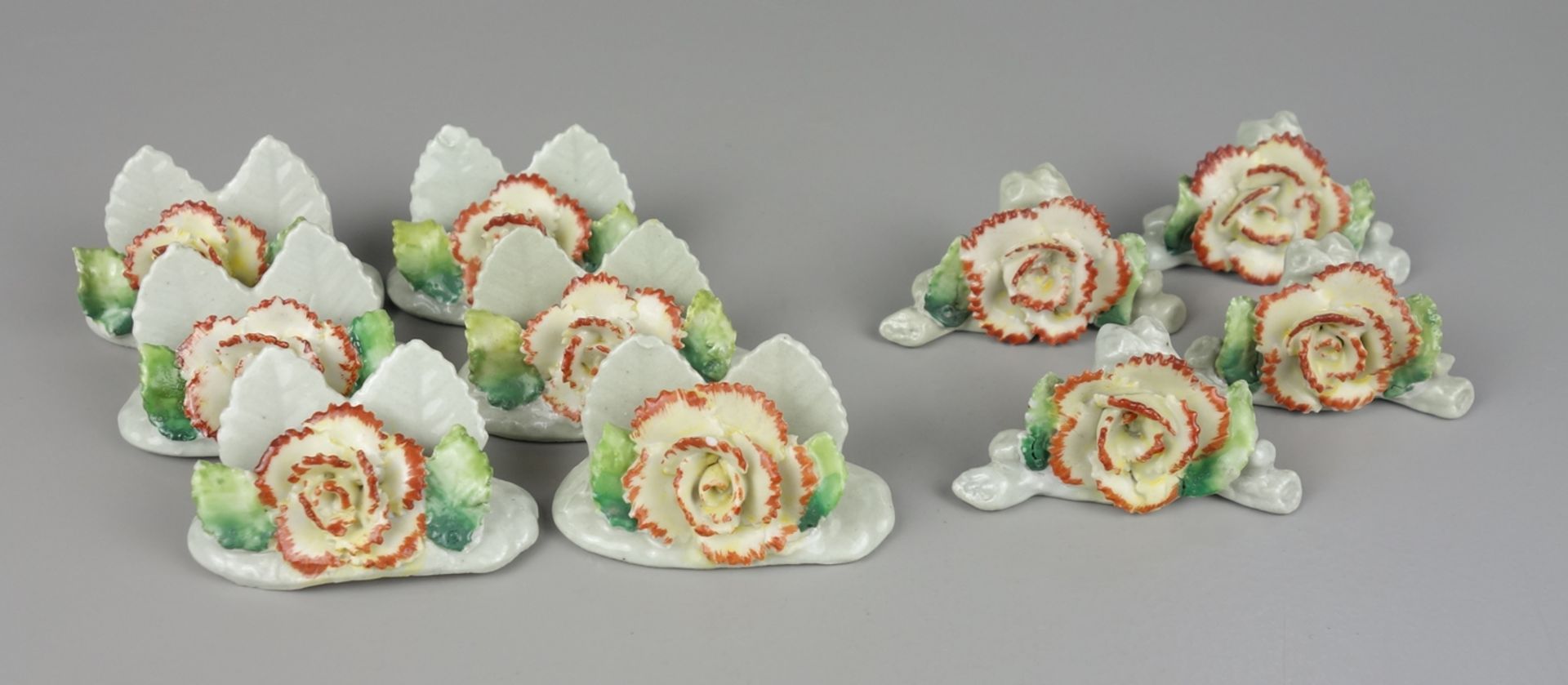 6 + 4 place card holders with blossom, around 1920