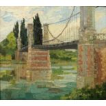 J.P. LeTanoy (FR), "Flusslauf mit Brücke", 1928, Öl/Hartfaser