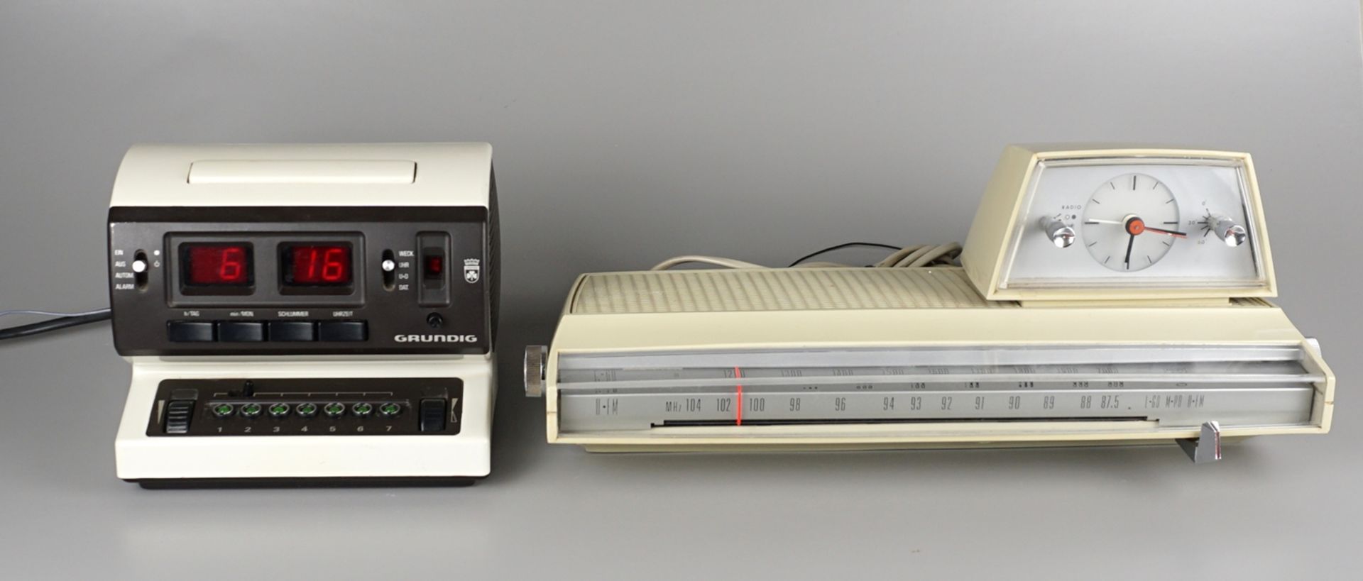 2 radios with alarm function, a.o. Grundig, 1970s/1980s