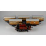 Mechanische Tenderlok und 5 Waggons, Hornby Meccano, Spur 0, 1950er Jahre