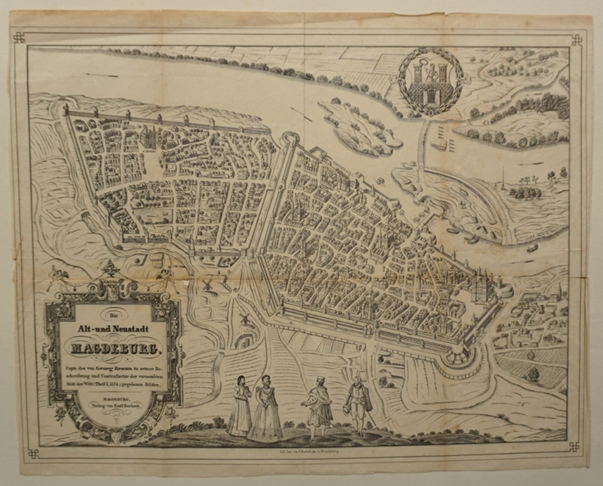 Historical map, "Die Alt- und Neustadt Magdeburg von 1574", late 19th c., lithograph