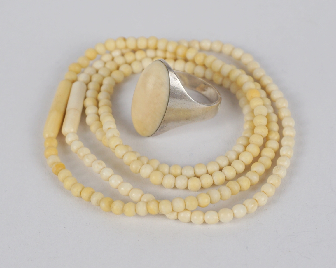 Silver ring with ivory cabochon and chain with bracelet, bone, 1920s