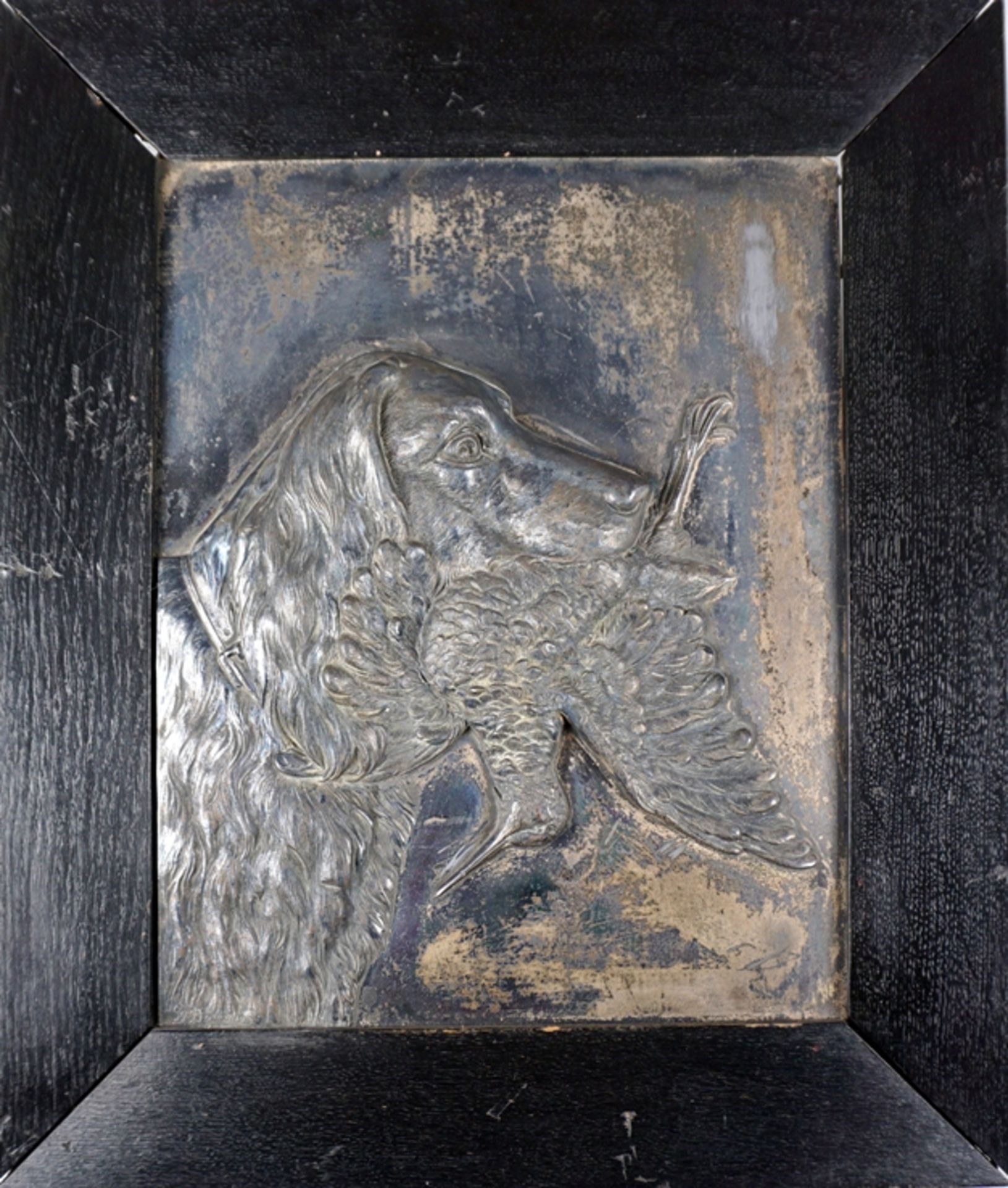Georg Bommer "Hunting Dog with Pheasant", metal relief painting
