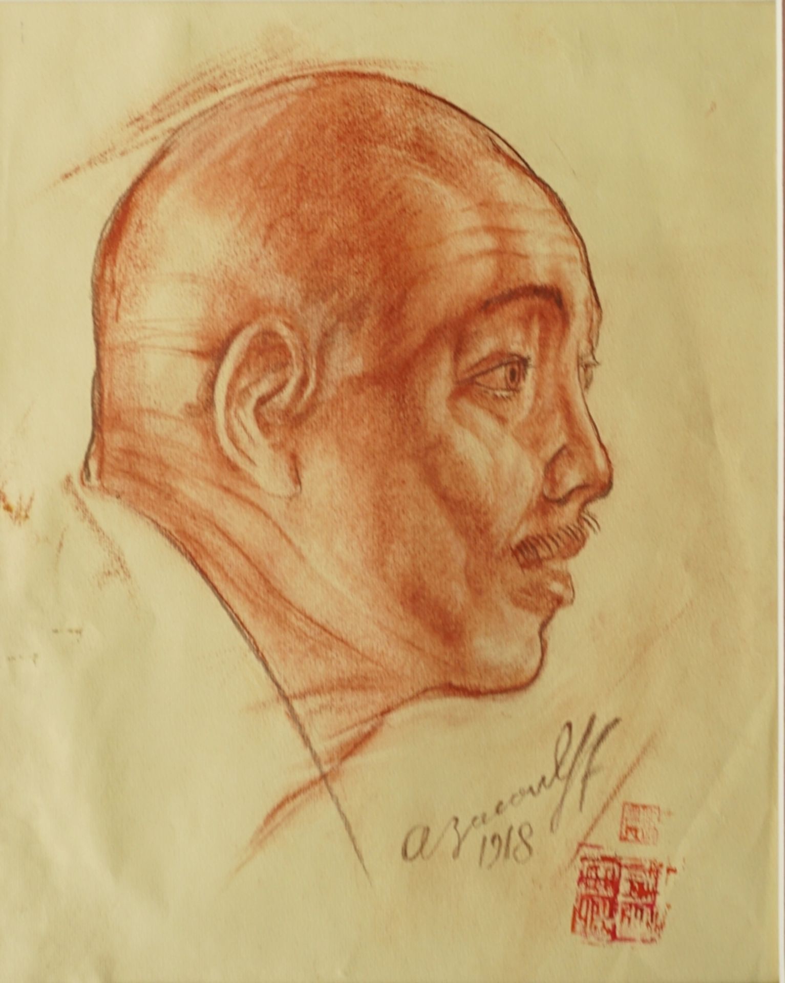 probably copy after Alexander E. Iacovleff (1887-1938, RUS), "Portrait of a Chinese", red chalk/pap