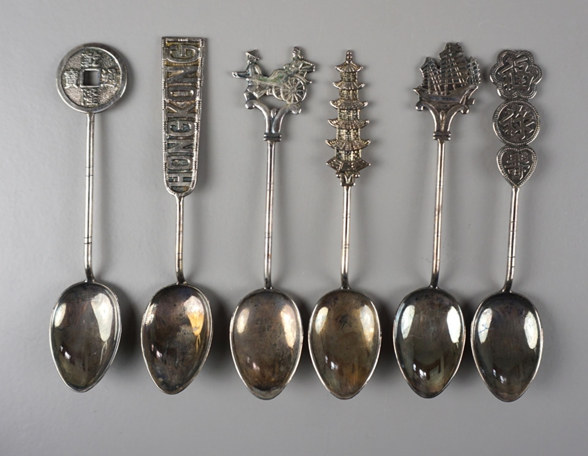 6 souvenir spoons, silver plated, Hong Kong