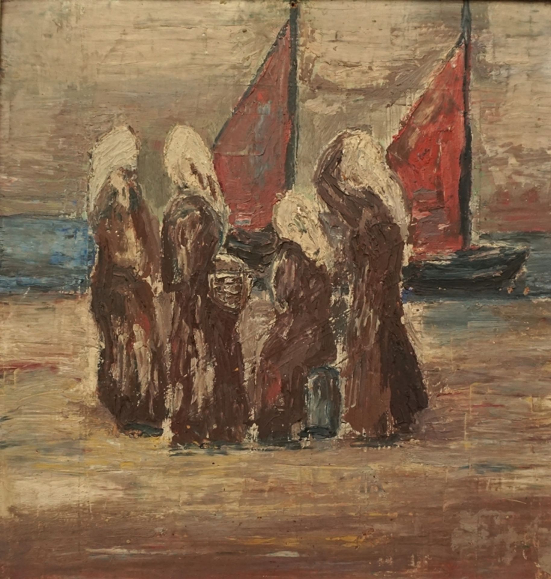 anonymer Künstler, "Vier Frauen am Strand", 1. Hälfte 20. Jh., Gouache/Hartfaser - Bild 2 aus 3