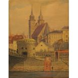 anonymer Künstler, "Magdeburger Johanniskirche mit Blick auf die alte Strombrücke", 1. Hälfte 20. J