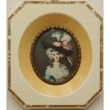 Miniaturbildnis, "Mrs. Hallett" nach Thomas Gainsborough, 2. Hälfte 20. Jh., farbig staffierter Dru