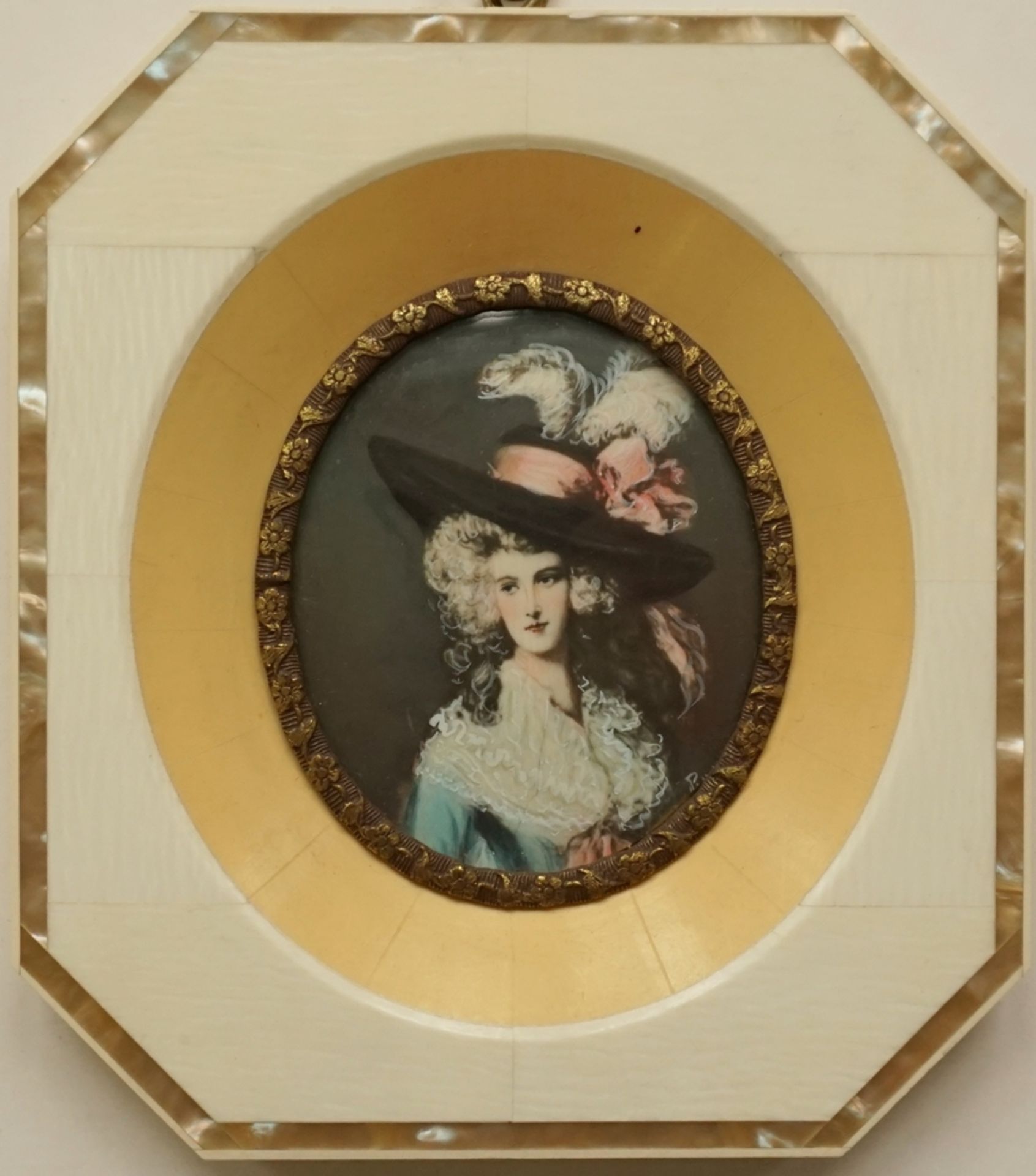 Miniaturbildnis, "Mrs. Hallett" nach Thomas Gainsborough, 2. Hälfte 20. Jh., farbig staffierter Dru