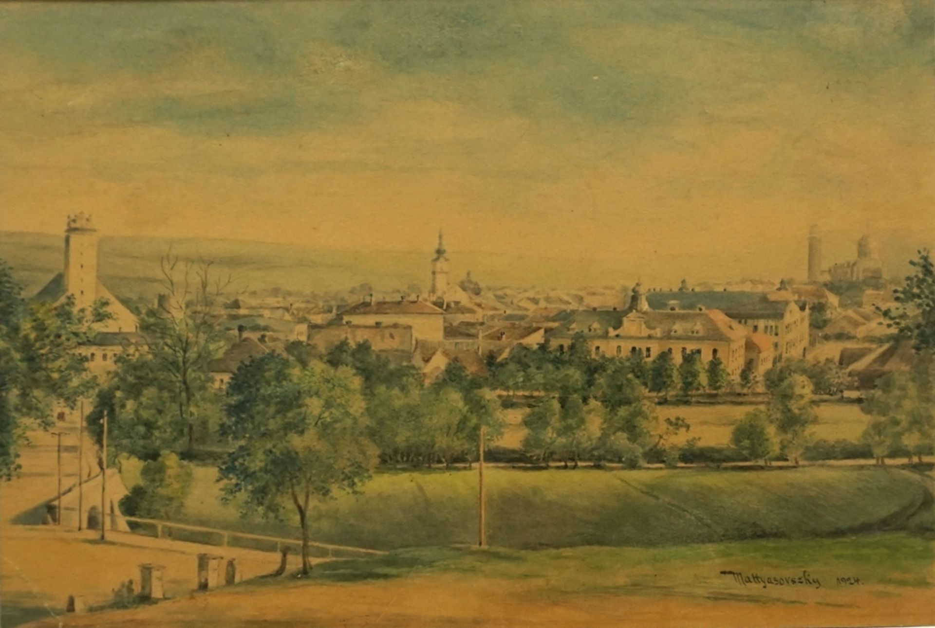 signiert "Mattyasovszky", "Städtepanorama in Ungarn", 1924, Aquarell/Papier