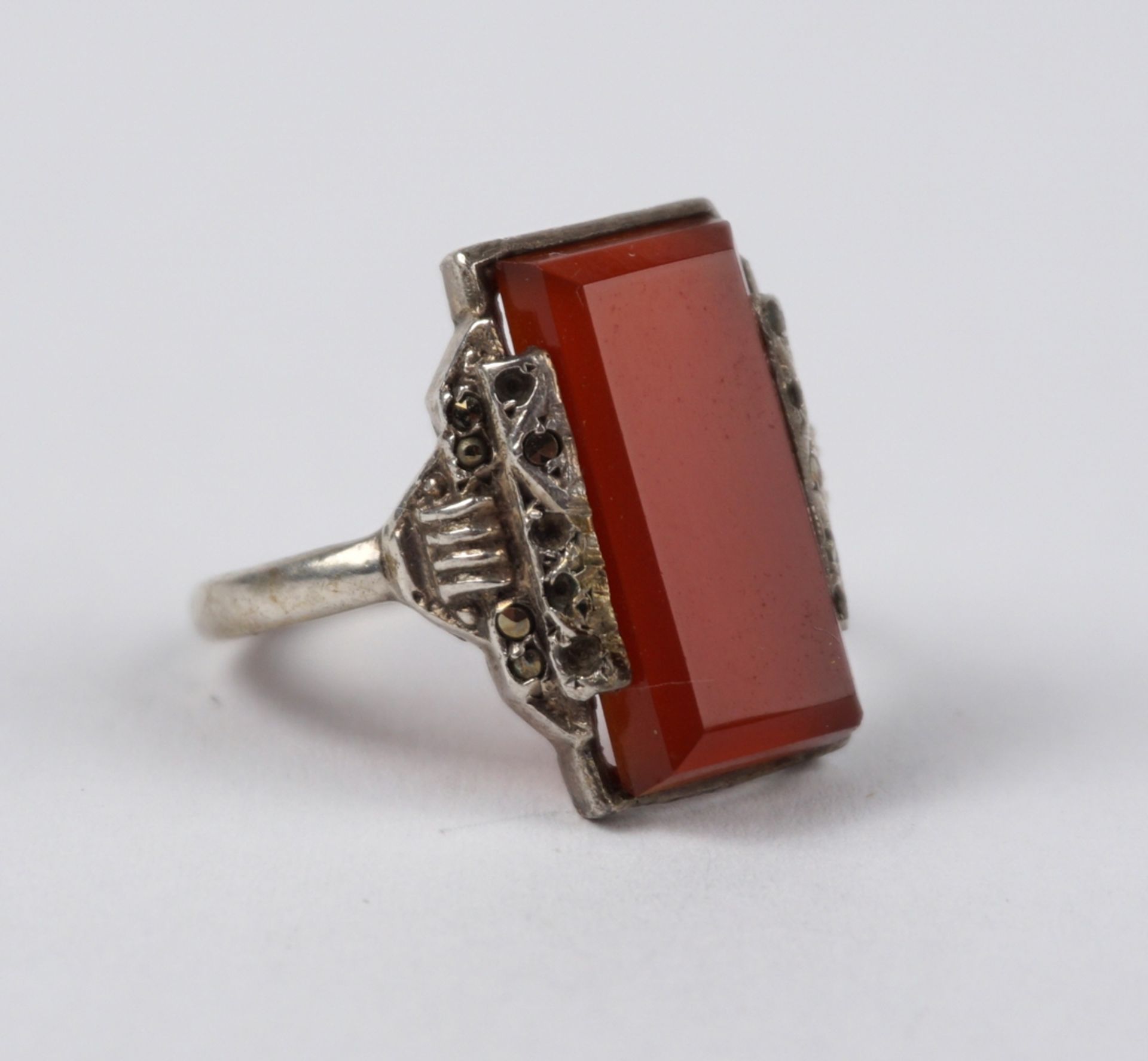 Ring with carnelian and marcasites, 935 silver, art deco, wt.3,64g